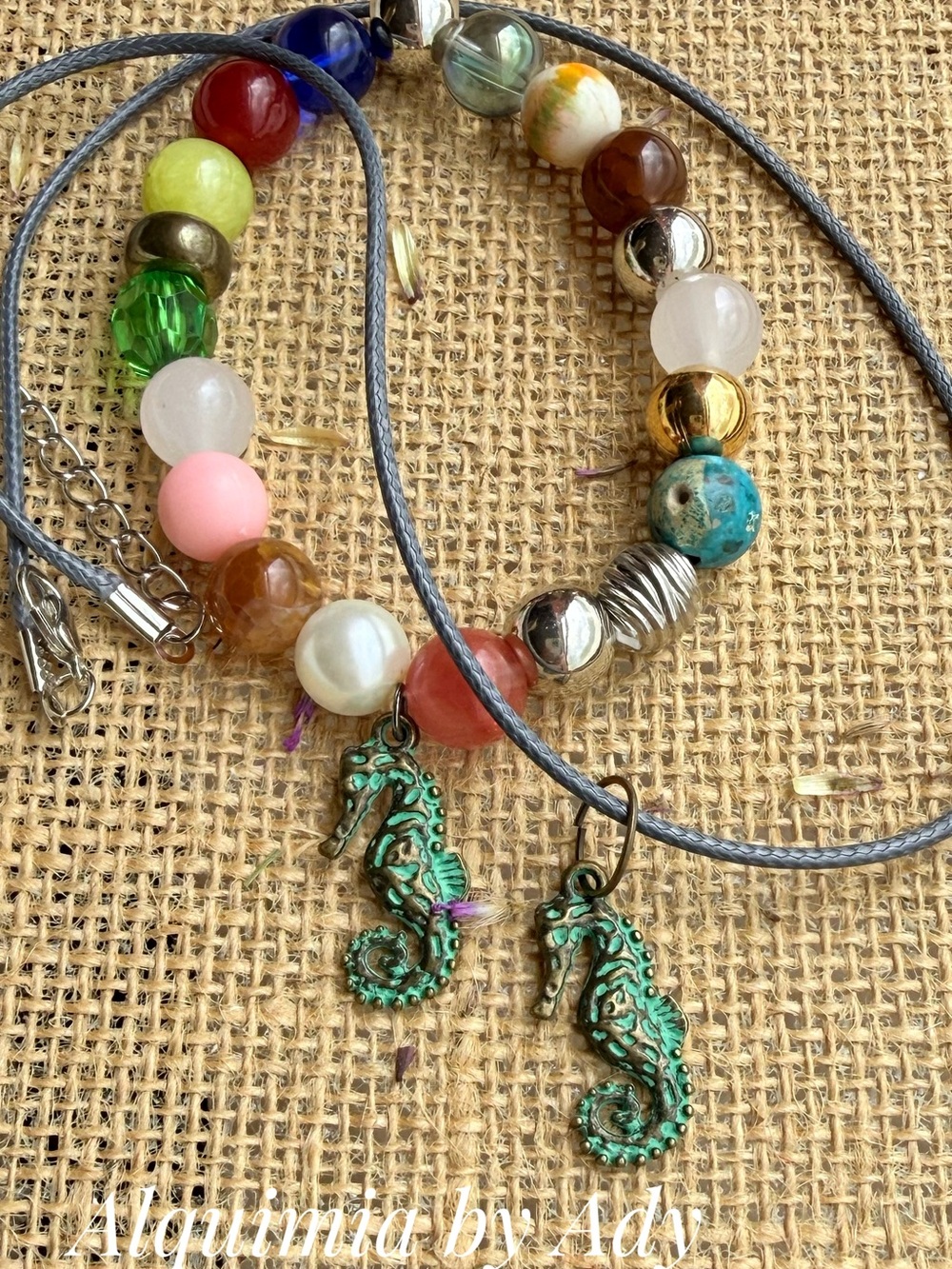 Gemstones Multicolor Bead Bracelet with Green Patina Seahorse Necklace Charms